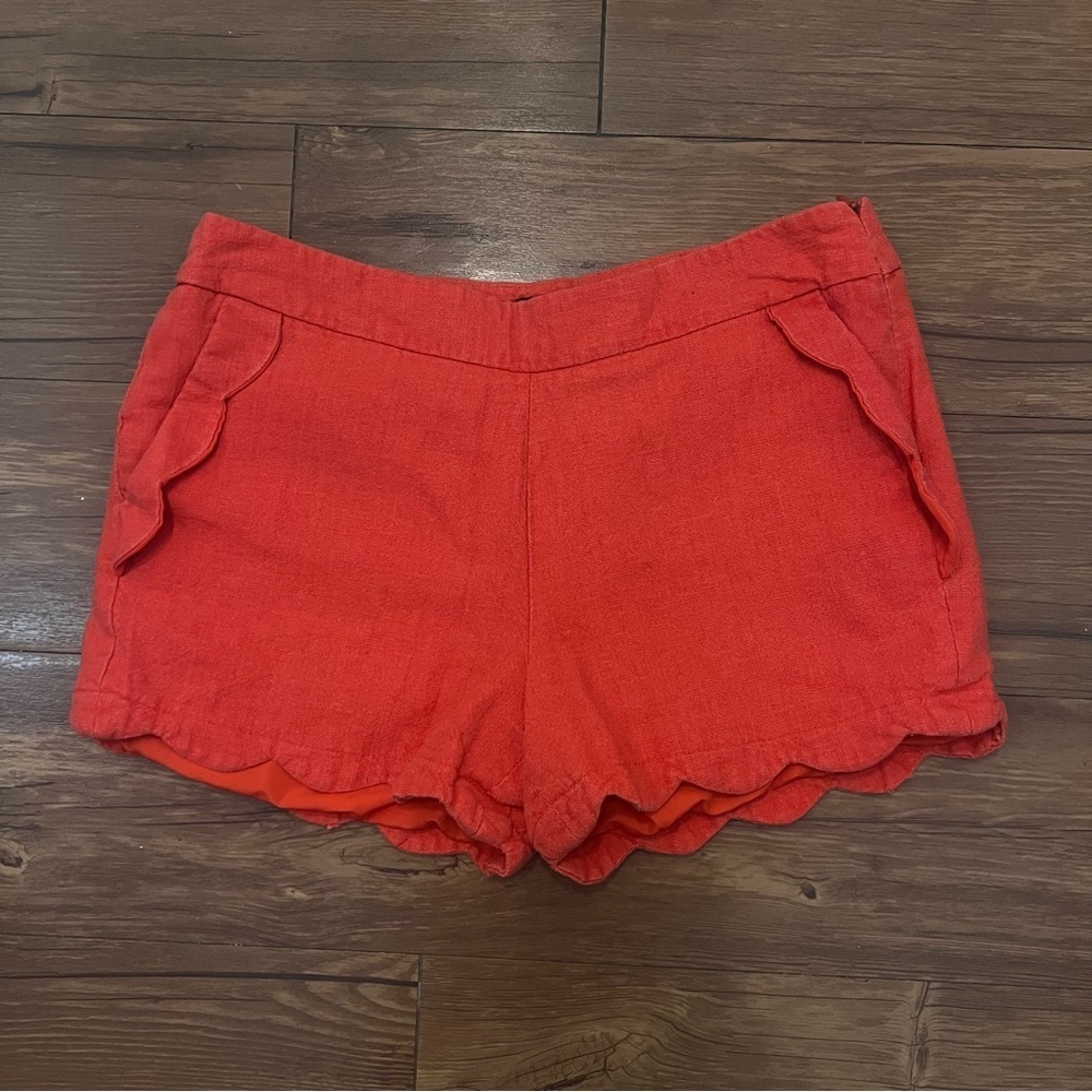 Cynthia Rowley High Waisted Scalloped Shorts Size 8 Red Linen Cotton Blend